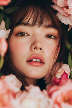 Ethereal Beauty Surrounded by Soft Blooms