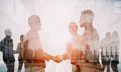 Double exposure image of many business people conference group meeting on city office building in...