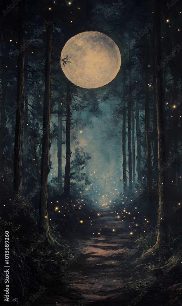 Poster 54. a captivating dark forest scene under a full moon, illuminated by ethereal glowing lights and sp