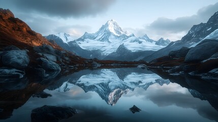 Breathtaking panoramic view of a majestic snow capped mountain range with rugged rocky peaks reflected in a serene and pristine alpine lake