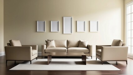 Modern Living Room with Beige Sofa Set and Minimalist Wall Art
