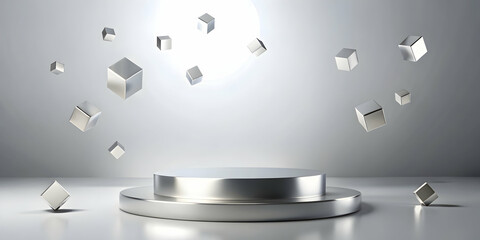 Silver Podium with Floating Cubes: A minimalist and sleek silver podium stands in a spotlight, surrounded by floating silver cubes.