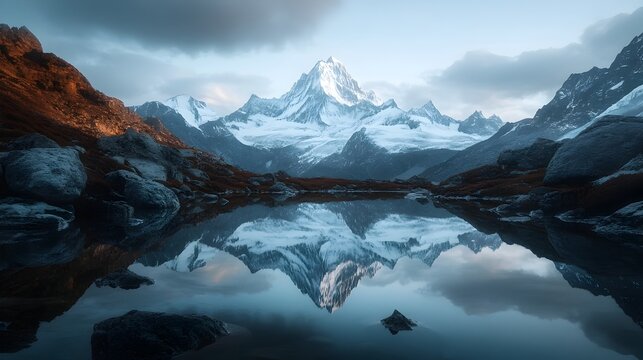 Breathtaking panoramic view of a majestic snow capped mountain range with rugged rocky peaks reflected in a serene and pristine alpine lake
