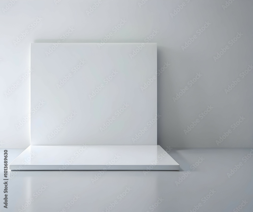 Poster minimalist product display platform: a clean, white backdrop with a simple, elevated platform, ready