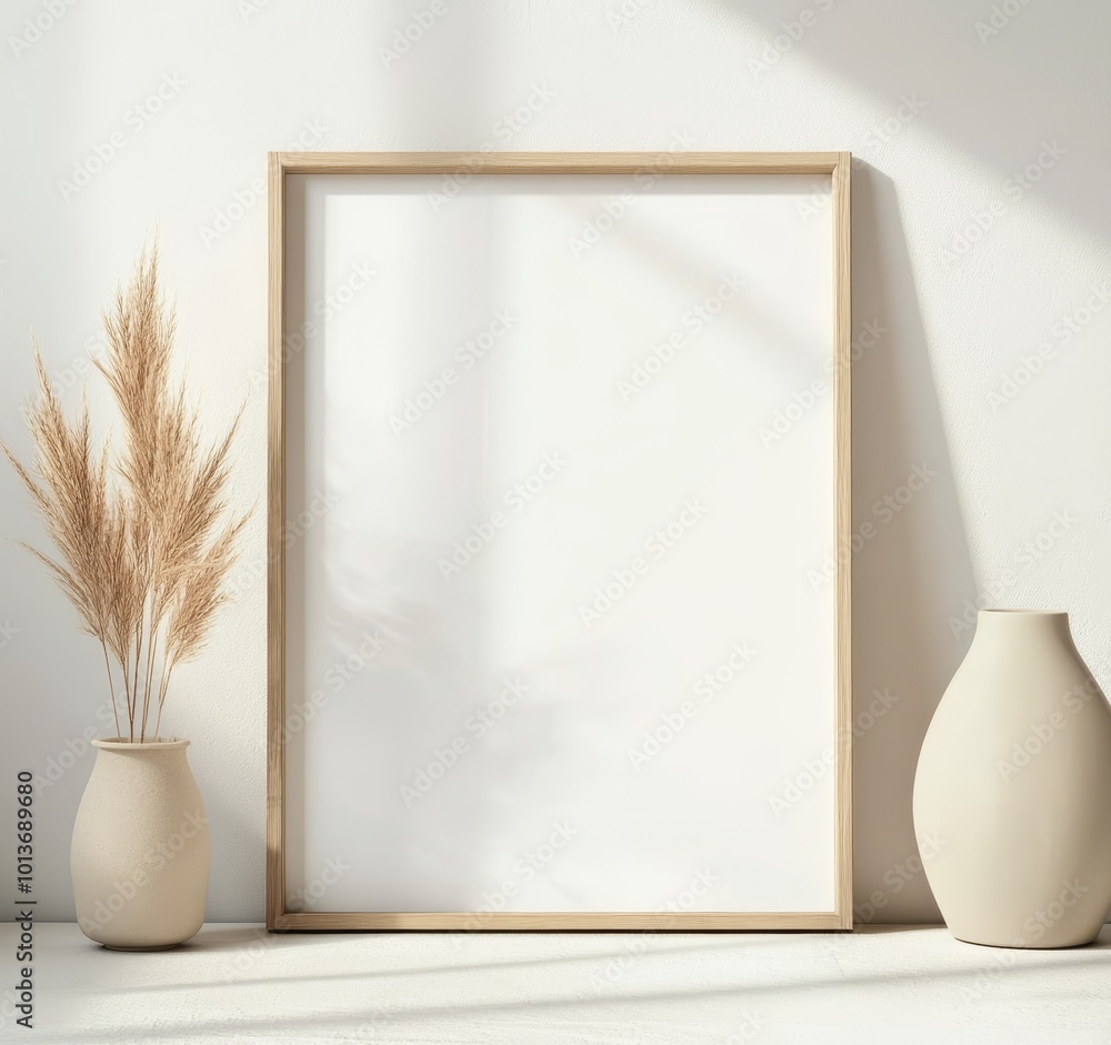Poster simple design features an empty wooden frame with dried pampas grass in vases, casting shadows on a 