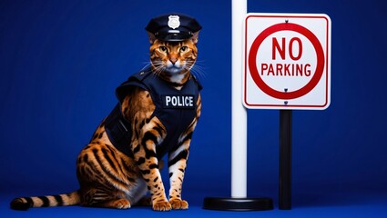 Cat Police Officer Beside No Parking Sign