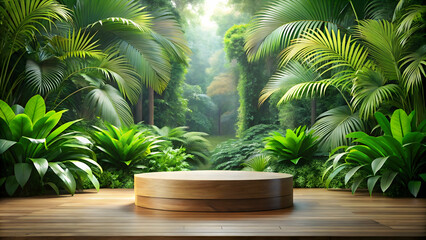 Obraz premium Jungle Oasis: A wooden platform nestled amidst a lush tropical jungle, bathed in soft sunlight, offers a serene escape for relaxation and rejuvenation. 