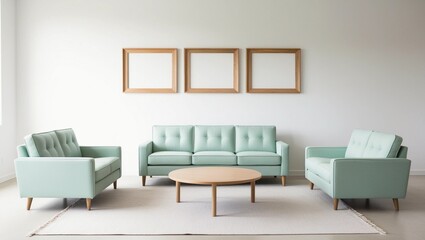 Scandinavian Living Room with Mint Green Sofa Set and Wooden Frames
