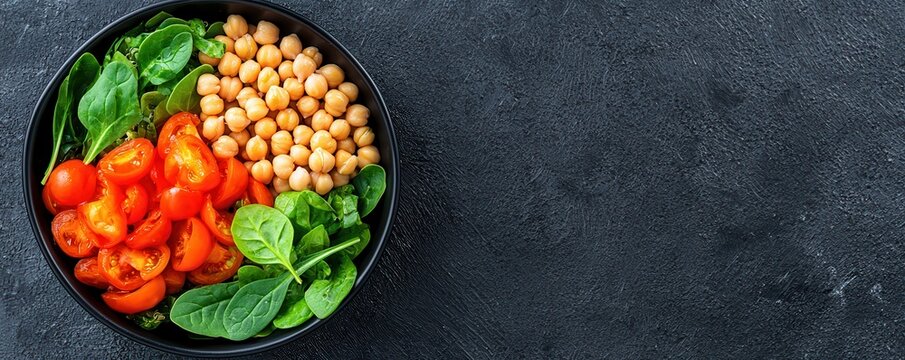Fresh salad bowl with spinach, chickpeas, and cherry tomatoes on dark stone background.
