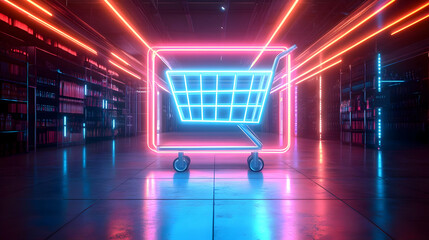 3D Floating Shopping Cart with Glowing Sale Tag Frame - Modern Cyber Monday Concept Design with Copy Space for Promotions