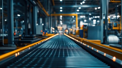 Fototapeta premium Conveyor belts carrying products through an industrial factory, with machinery working in the background.