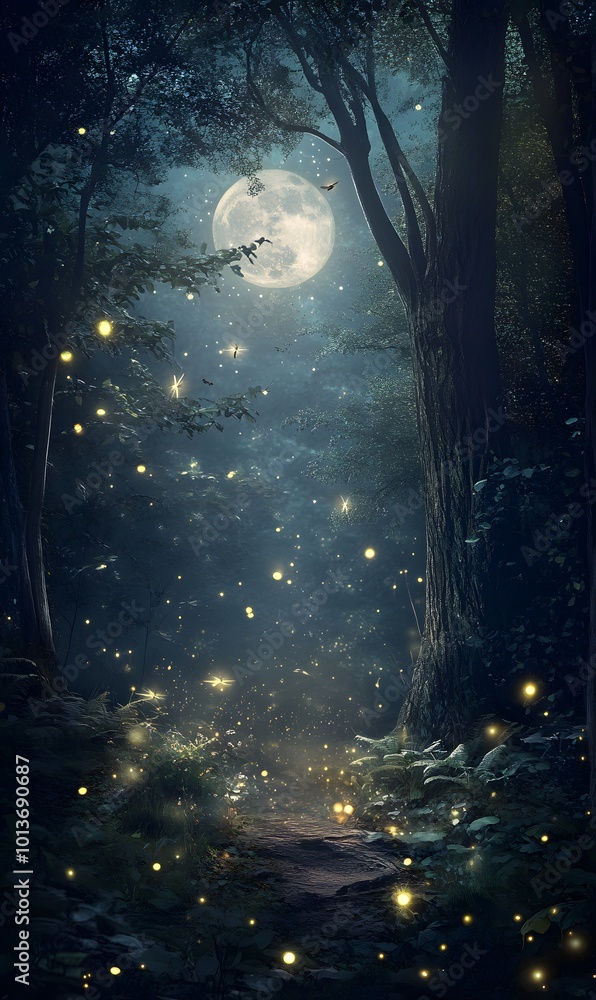 Poster 56. an enchanting scene of a dark forest illuminated by moonlight, with twinkling lights and etherea