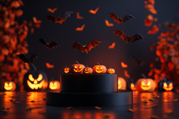 A Halloween scene with bats flying around a black pedestal with pumpkins on it