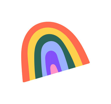 recommend clip art: Cute multicolored rainbow, colorful striped arc in kids baby doodle style, scribble sketch drawing, decoration, sweet childish drawing, simple colored rainbow arch flat vector illustration.