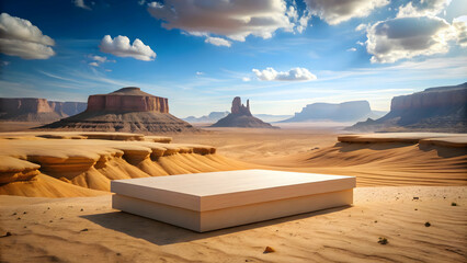 Desert Oasis Display: A pristine white platform sits majestically in the heart of a vast, sun-drenched desert landscape, framed by majestic sandstone buttes under a brilliant blue sky.