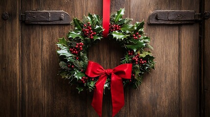 Christmas wreath hanging on a rustic wooden door, adorned with holly, berries, and a red ribbon.