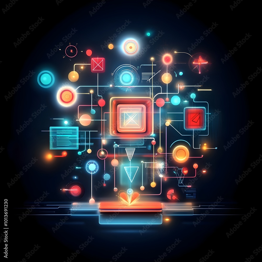 Poster captivating layered digital kaleidoscope of luminous prismatic shapes with dynamic data visualizatio