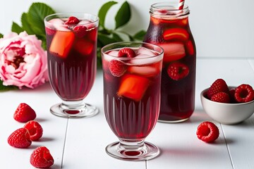 Refreshing Raspberry Iced Tea in Clear Glasses on White Background