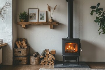 Modern black wood stove in the corner of an empty room with white walls, firewood, and plants on wooden boxes.