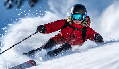 Skier in Red Jacket Descending a Snowy Mountain Slope During Winter Design