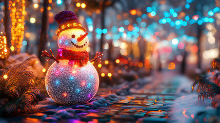 3D Glowing Snowman with Neon Lights in a Vibrant Digital Park for Holiday Promotions � Playful Winter Scene Focused on Radiant Decorations