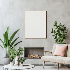 A stylish living room with framed artwork, vibrant plants, cozy white furniture, and a fireplace, creating a warm and inviting ambiance.