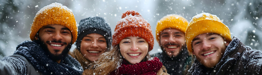 Joyful Winter Memories: Candid Group of Friends Laughing and Taking Selfies in a Snowy Landscape - Engaging Youthful Scene