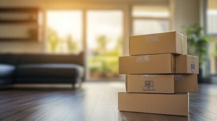 Fototapeta premium A stack of cardboard boxes in a bright, modern living space.