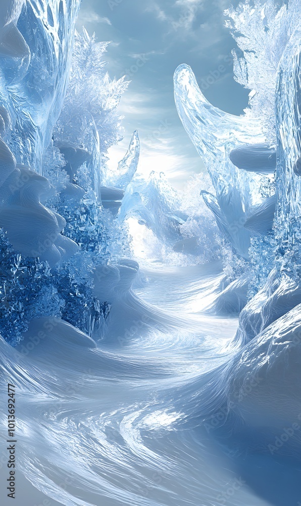 Poster 43. an imaginative winter landscape in 3d, featuring dreamlike ice crystals and flowing snow pattern