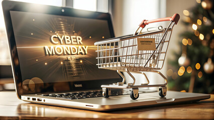 3D Floating Laptop with Holographic Shopping Cart and Cyber Monday Sale Banner - Modern Tech Shopping Theme, Ample Copy Space, Isolated White Background