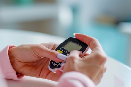 Woman hand holds digital glucose meter for diabetes testing. Close-up of fingers poking skin with lancet for blood sample. Healthcare and medical concept of diabetes management.