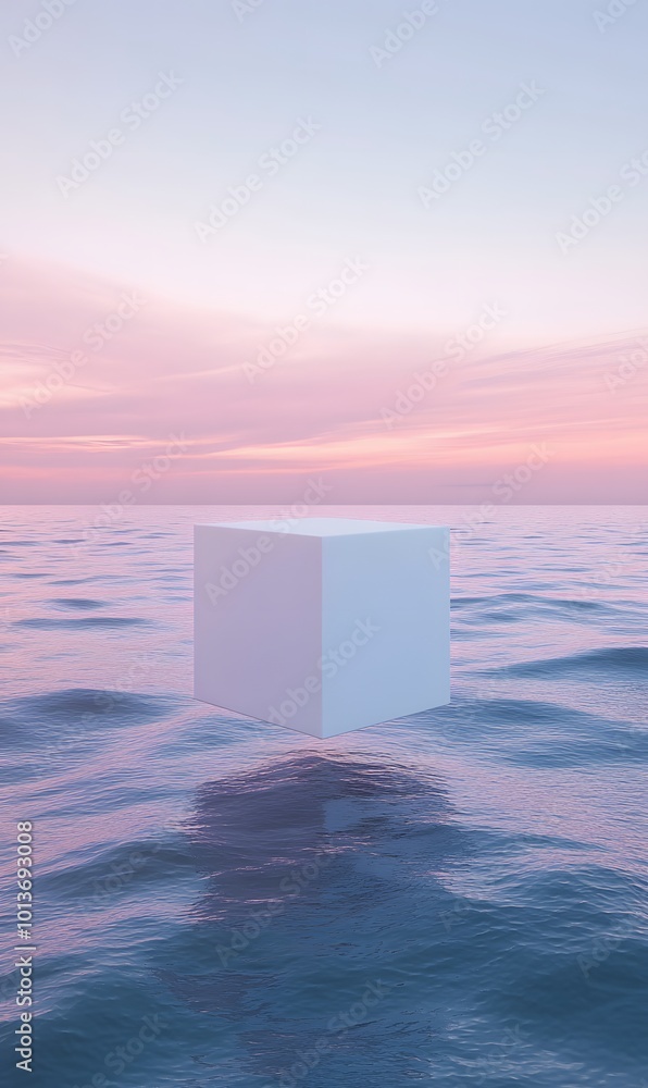 Aufkleber 44. a striking 3d render of a white cube podium floating serenely above a calm ocean, set against an