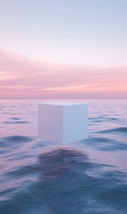 44. A striking 3D render of a white cube podium floating serenely above a calm ocean, set against an abstract minimal surreal background with soft pastel hues and gentle waves