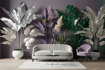 Surreal Elegant Interior Designs Featuring Lush Botanical Plants in Soft Silver Purple Beige and Green Tones