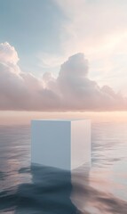 45. An ethereal scene featuring a white cube podium suspended over the ocean, with a dreamlike minimalistic backdrop of soft clouds and a gradient sky, creating a surreal atmosphere