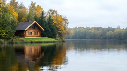 Fototapeta premium A serene cabin by a calm lake surrounded by vibrant autumn foliage, reflecting nature's beauty in tranquil waters.