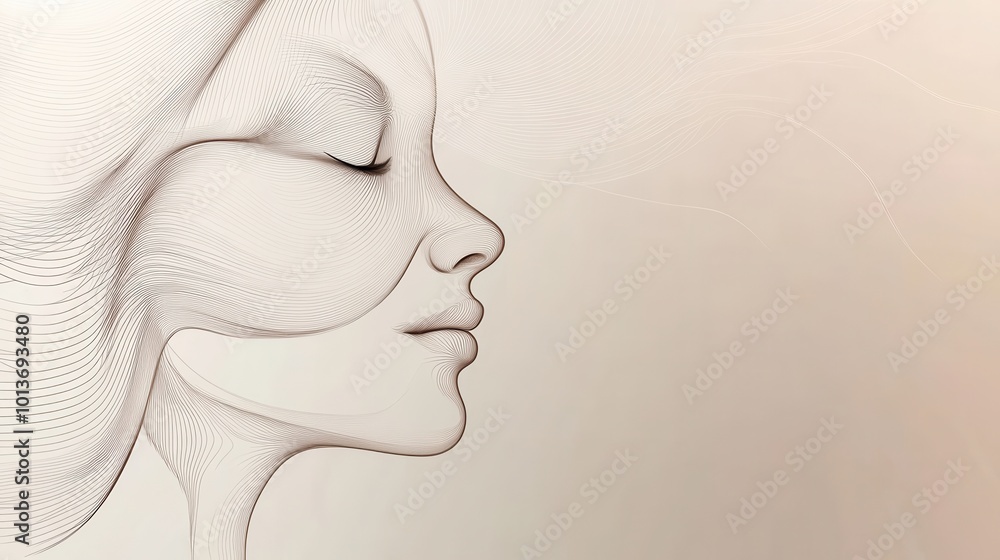 Poster flowing lines create an outline of a serene female face, emphasizing softness and calmness through a