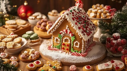 Naklejka premium Gingerbread house surrounded by holiday cookies, candies, and festive decorations on a table.