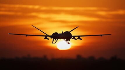 Fototapeta premium A drone silhouetted against a sunset, symbolizing technology in modern aviation.