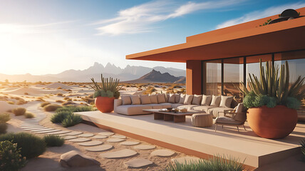 Fototapeta premium Desert Oasis: Modern Home with Stunning Mountain Views Modern Patio with Mountain Views