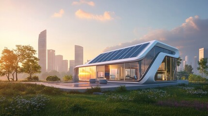 Obraz premium Futuristic Modern Home with Solar Panels and City Skyline in the Background