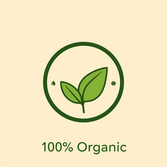 100% Organic Emblem with Green Leaves - Eco Label