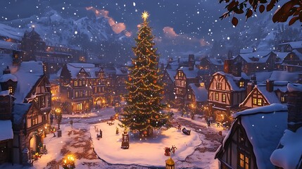 Snowy outdoor scene with a snow-covered house, glowing Christmas lights, and a decorated tree in...