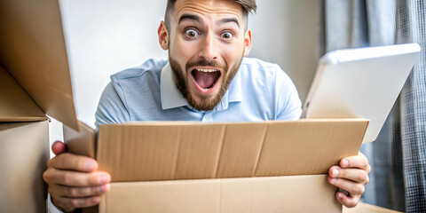 Candid Shot of Individual Excitedly Opening Cyber Monday Deliveries: Joyful Moment Captured in Close-Up Focus on Packages and Enthusiastic Expression
