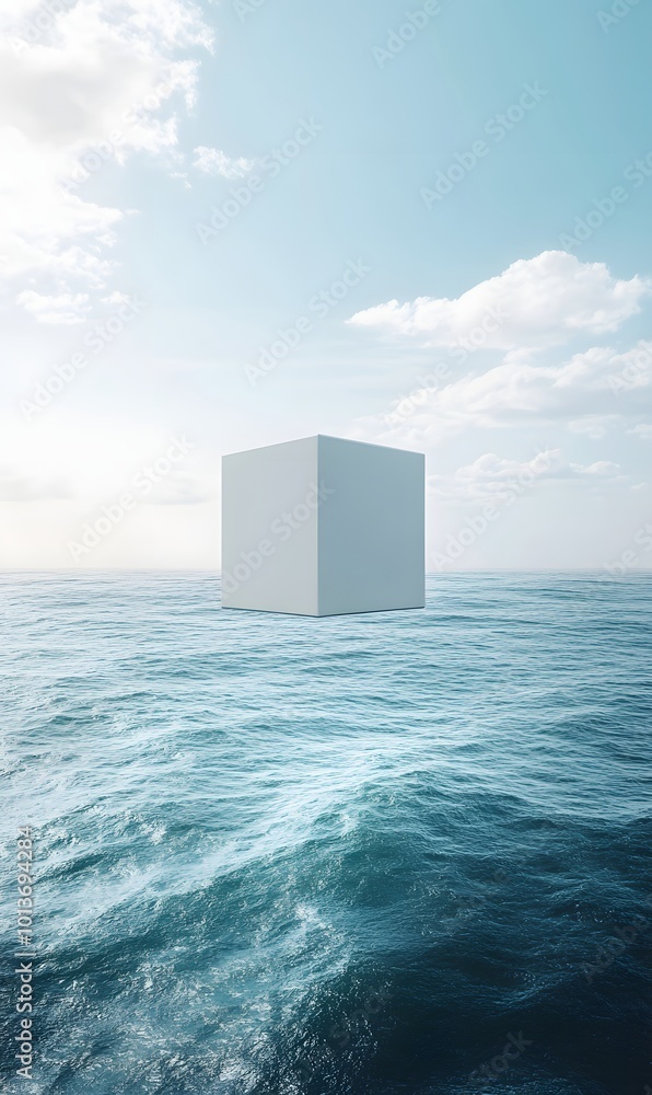 Poster 47. a surreal 3d rendering of a floating white cube podium above a vast ocean, with an abstract mini