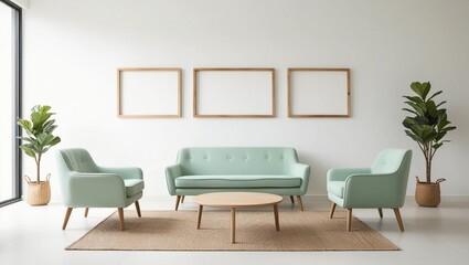 Scandinavian Living Room with Mint Green Sofa and Wooden Frames
