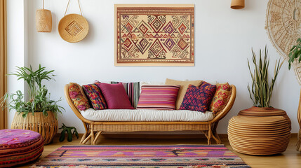 Bohemian-style living room featuring colorful cushions, woven furniture, and vibrant textiles, creating a cozy and eclectic atmosphere with natural textures and indoor plants for a relaxed vibe.