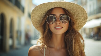 A stylish woman wearing oversized sunglasses and a wide-brimmed hat