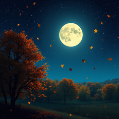 A serene night scene featuring a full moon illuminating an autumn landscape with falling leaves and a tranquil, starry sky.