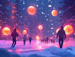 Obraz premium Vibrant Flat Vector Illustration of Glowing Snowball Fight in Radiant Winter Park - Playful Design for Winter Advertisements with Neon Lights